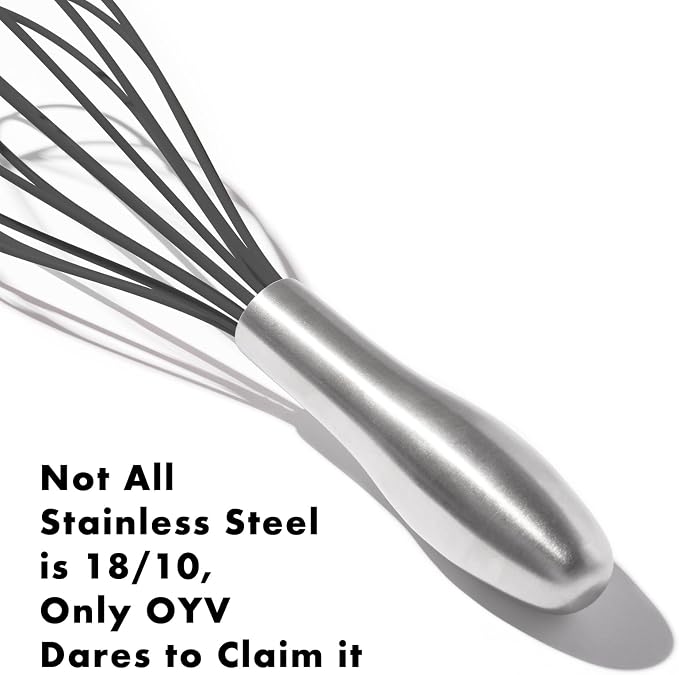 OYV 10-Inch Black Silicone Whisk, Non-Scratch, 18/10 Stainless Steel Handle | 480°F Heat Resistant, BPA-Free Silicone, Sealed Waterproof Handle, Nonstick-Safe, Dishwasher Safe