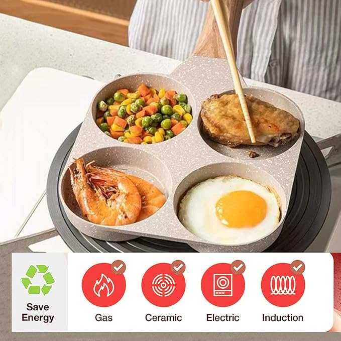 Four-Cup Fried Egg Pan, Medical Stone Non-Stick Frying Pan for Breakfast,Divided Skillet Suitable Gas Stove and Induction Cooker (3-inch eggs) White