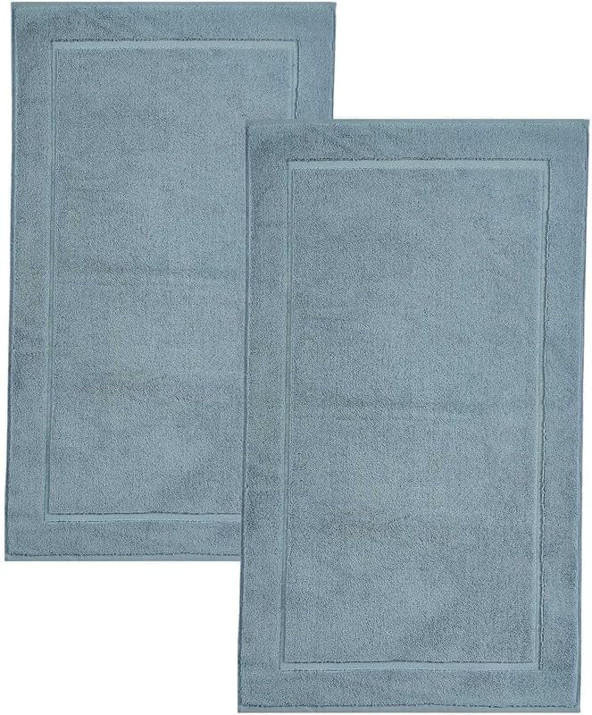 Hawmam Linen Light Blue Bath Mats, 21 x 34 inches, Pack of 2-100% Ring Spun Cotton,[Not a Bathroom Rug] Banded Design, Highly Absorbent, Machine Washable for Bathroom Floor Towel