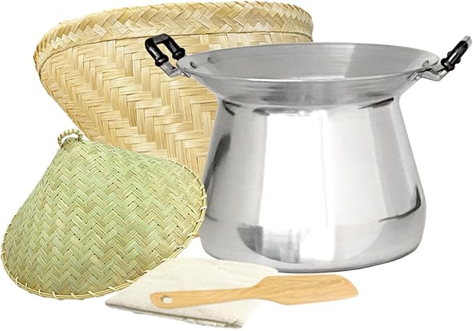 Sticky Rice Professional Thai Chef Grade Cookware Set Restaurant Quality Steamer Pot, Handcrafted Bamboo Wing Basket & Lid, 24” Grade 90 Cheesecloth, & Rice Paddle Ladle