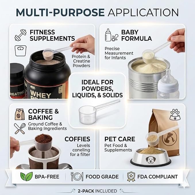 2 Pack 5ml/1tsp/2.5g Scoop for Creatine,Protein,Powders,Cooking,Recipes,Lab,Food Grade,Plastic PP Material,BPA-free,Meets FDA Standards