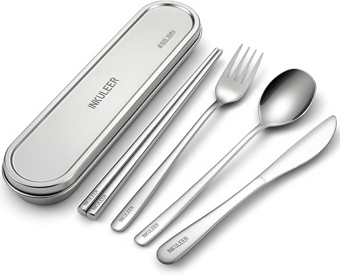 INKULEER Travel Cutlery Set - 18/8 Stainless Steel Reusable Utensils with Metal Case, Portable Silverware for Camping, Office, Travel & Outdoor Dining