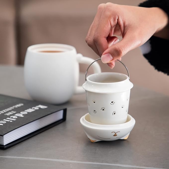 HEER Cat Ceramic Tea Mug 13.5oz with Infuser and Lid, White | Cat Lover & Cat Mom Birthday Gift for Women, Perfect for Loose Leaf Tea, Tea Strainer Cup for Home & Office Use