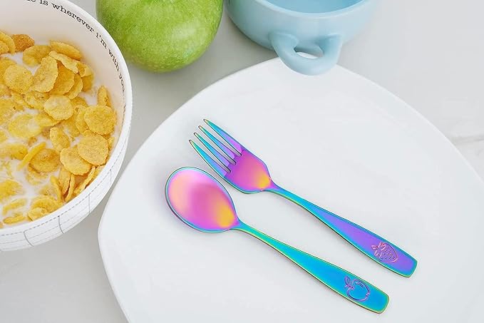 Stainless Steel Kids Silverware Set 24 Pieces (2 Pack of 12) - Child and Toddler Safe Flatware - Kids Utensil Set - Metal Kids Cutlery Set (Includes 12 Small Kids Spoons & Kids 12 Forks, UV Rainbow)
