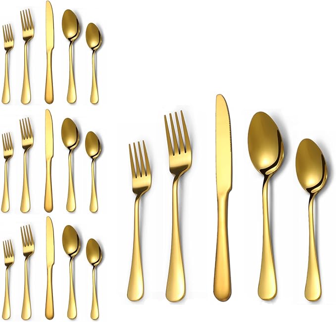 20 Pcs Gold Silverware Set for 4, Food Grade Stainless Steel Flatware Set, Eating Utensils Sets Include Fork/Knife/Spoon, Reusable Cutlery Set for Home Kitchen, Dishwasher Safe, Round Edge