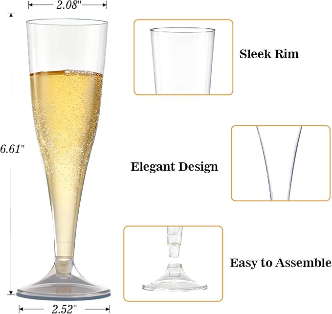 Bestluck 100Pack 4.5oz Clear Champagne Flutes Plastic | Plastic Disposable Stemware, Disposable Champagne Flutes for Party, Mimosa Bar, Wedding, Anniversary and Graduation