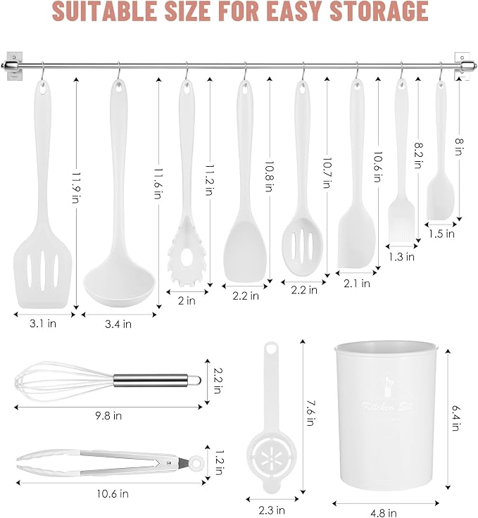 White Kitchen Utensils Set-12 Pieces Silicone Cooking Utensils Set | Dishwasher Safe 392°F Heat Resistant Spatula Set Kitchen Utensil Set for Nonstick Cookware,Best Kitchen Tools with Holder