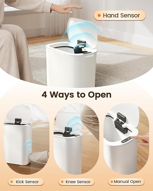 TIPGO 5 Gallon Automatic Bathroom Trash Can with Lid, White, Touchless | Motion Sensor, Slim Smart Garbage Bin, Plastic Wastebasket, Battery Operated, Manual Button, for Bedroom, Office,RV