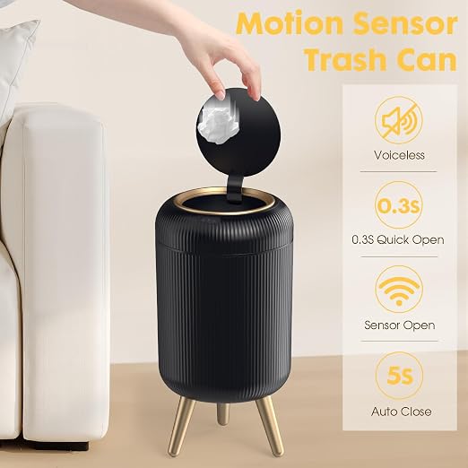 Automatic Motion Sensor Trash Can Bathroom,3 Gallon,Black and Gold | Touchless Trash Bin with Lid and Legs,Auto Diaper Garbage Can,Smalll Plastic Wastebasket for Office,Bedroom,Toilet,Kitchen
