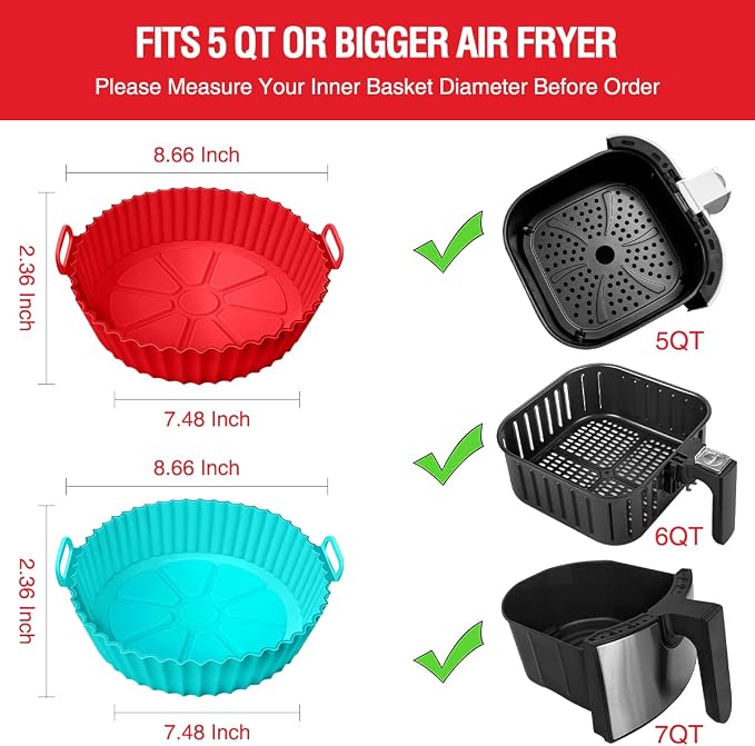 2 Pack Air Fryer Silicone Liners for 5 QT or Bigger,Silicone Air Fryer Liners Inserts,Replacement of Flammable Parchment Paper,Reusable Baking Tray Oven Accessories,Red+Blue(Top8.66in, Bottom7.48in)