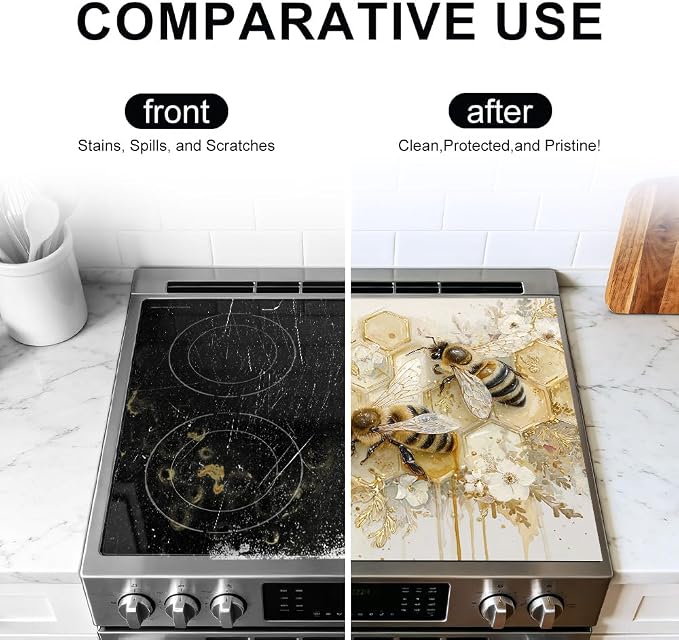 Bee Honey Stove Top Cover 28x20 Inch Decorative Electric Stove Cover | Heat Resistant Cooktop Protector Mat with Non-Slip Backing, Scratch Protection and Countertop Drying Mat.