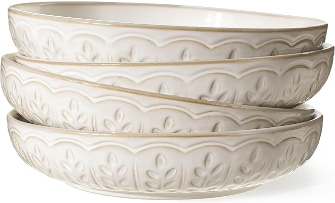 Pasta Bowls, 50oz Large Salad Serving Bowls, 9.75'' Plates Bowls Set of 4, Big White Ceramic Soup Bowls for Kitchen, Embossment Shallow Dinner Bowl, Microwave Dishwasher Safe, Wheat Leaf