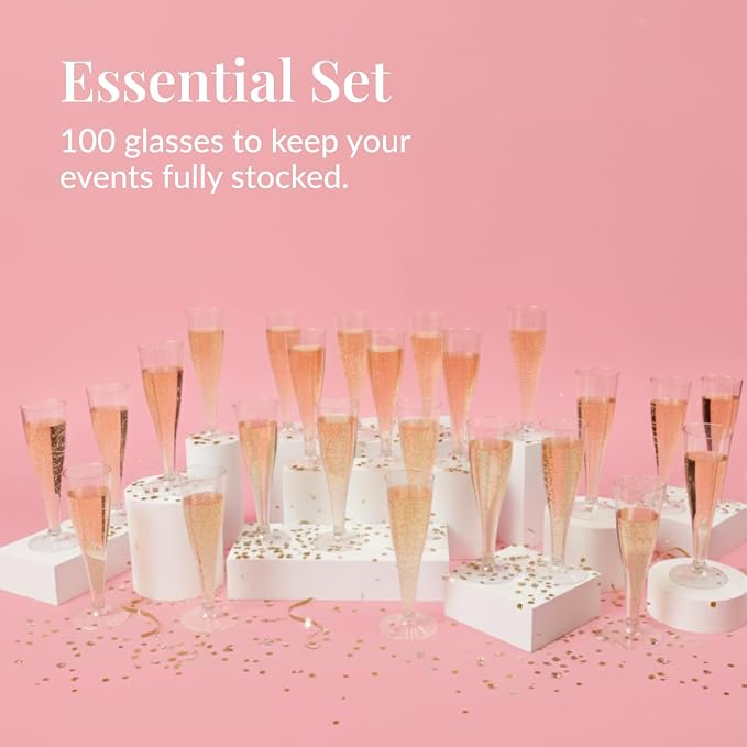 Prestee 100 Gold Plastic Champagne Flutes - 4.5 oz Disposable Champagne Glasses for Toasting at Weddings, Mimosas, Cocktails, Great Gatsby Party Decorations, and Events