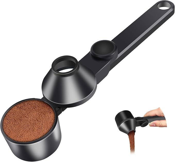 Coffee Scoop with Built-in Funnel & Long Handle - Precision Dosing Spoon for Reusable K-Cups, Protein Powder Scoop, Ground Coffee - 2 Tbsp Measuring Spoon, BPA-Free PCTG, Black (1 Pack)