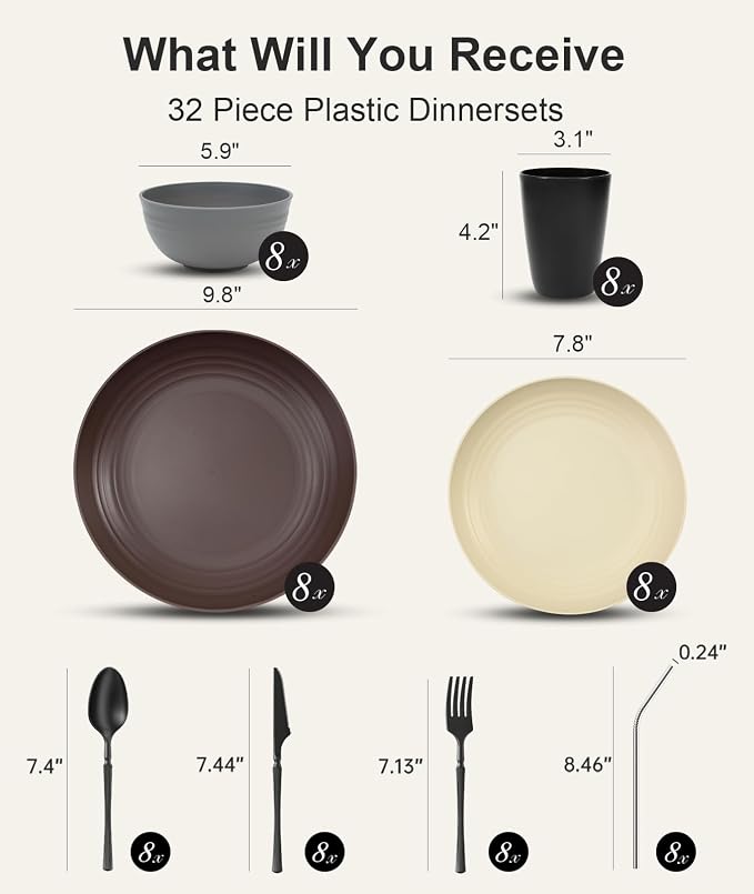 Quatish 64 Piece Plates and Bowls Sets for 8, Unbreakable Dinnerware Sets, Plastic Dish Set for Camping, Dishwasher Microwave Safe, Outdoor Kitchen and Apartment Dinning RV Essentials, Brown