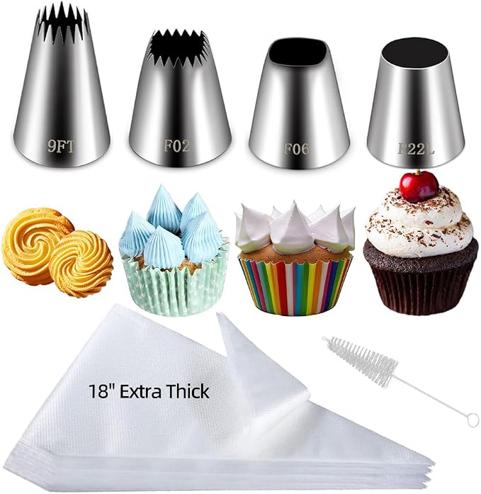 26PCS Extra Large Piping Tips and Bags Set,Jumbo Round Square Wide Star tip | for Churros,Eclairs,Macarons,Cupcakes,4Jumbo Frosting Nozzles,with 20Pcs 18Inch Large Pastry Bags Disposable,5Bag Ties,Bursh