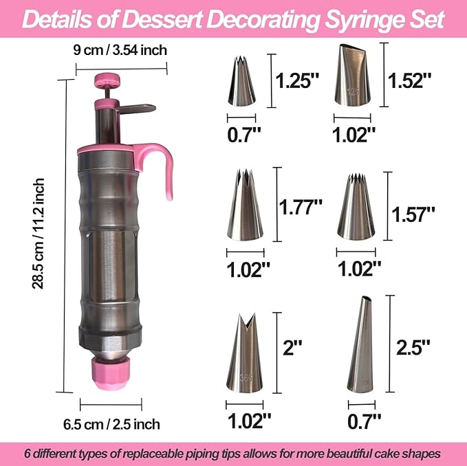 Dessert Decorating Piping Syringe Set Cake Decorating Tool | Cookie Gun Press, 6 Piping Icing Nozzles, For Baking, Cupcake, Deviled Eggs, Icing Decoration Gun, Frosting Piping Kit