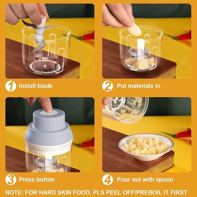 Electric Garlic Chopper Mini, Garlic Masher Mincer Crusher Chili Nuts Meat Grinder, Food Processor Small with Garlic Peeler And Spoon, Gray,250ML
