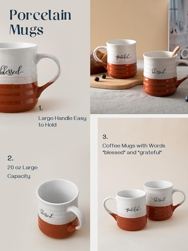 DOWAN 18 oz Large Coffee Mugs, Ceramic Mug Set with Word Blessed Grateful, Big Tea Cup for Office & Home, Thank You Gift for Women Men Mom Dad Christian, 2 Pcs