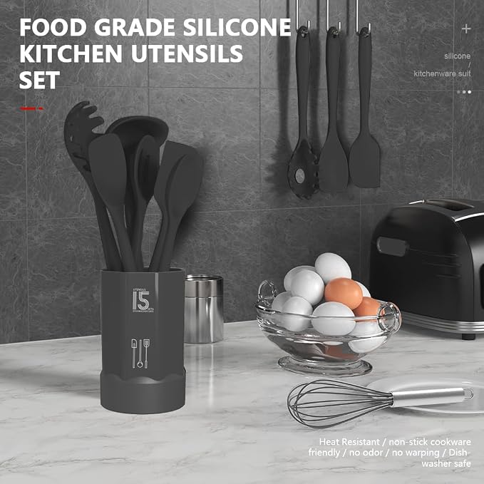 AOTHOD Silicone Cooking Utensils Set - 446°F Heat Resistant Kitchen Utensils,Spatula Sets,Turner Tongs,Spoon,Kitchen Utensil Gadgets Tools Set for Nonstick Cookware,Dishwasher Safe BPA Free (Gray)