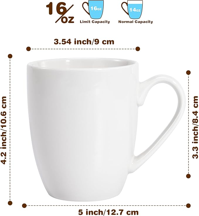 Urbanstrive 16 oz Large Coffee Mugs Set of 6 Ceramic Coffee Mug White Coffee Cups Tea Cups Idea Gift for Women Men House Warming Gifts New Home Office, White 6 Pack