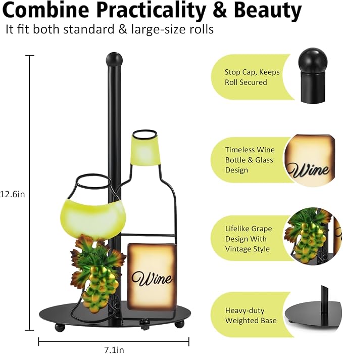 Wine Paper Towel Holder Countertop for Kitchen with Weighted Base | Wine Lovers Gifts, Cute Rustic Country Vintage Farmhouse Kitchen Decorations, Roll Dispenser Holds Standard & Jumbo Rolls