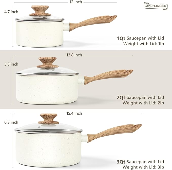 MICHELANGELO 3 Quart Saucepan with Lid, Nonstick Sauce Pan, Small Sauce Pot with Granite Coatings, Bakelite Handle, Dishwasher-Safe, White