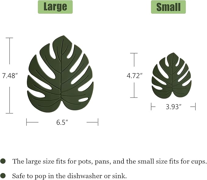 Monstera Drink Coasters 2 Pack, Silicone Coaster for Drinks, Green Soft Rubber Coaster, Protect Furniture from Water Marks or Damage, Non Slip Coasters (Small, Monstera)