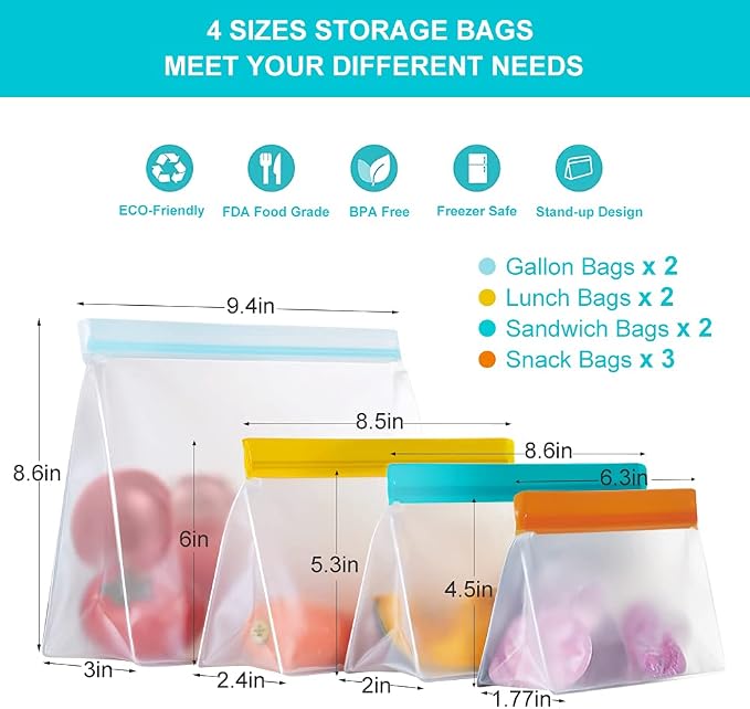 Reusable Food Storage Bags Stand Up, 9 Pack Leakproof Freezer Bags, BPA Free Gallon Bags, Reusable Plastic Snack Bags, Lunch Sandwich Bags for Home & Travel
