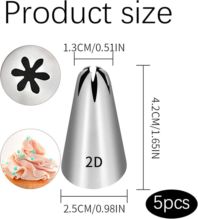 5 Pcs 2D Piping Tip,Stainless Steel | For Cookie And Cake Decorating, DIY Cream.
