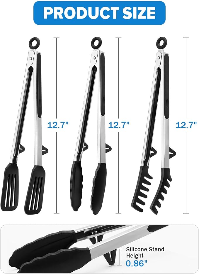 Kitchen Tongs for Cooking, Non Scratch Silicone Tip for Nonstick Cooking Pans, Food Grade Mini Serving Tongs, Pull Lock, Set of 3 (Black, 12 inch)