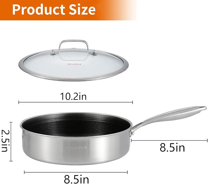 DELARLO Tri-Ply Hybrid Stainless Steel 10 Inch Saute Pan,3QT Chef Cooking Pan,Anti-Scratch,Compatible with All Cooktops,Oven Up to 660℉,Chicken Fryer,Dishwasher-Friendly（Detachable handle）