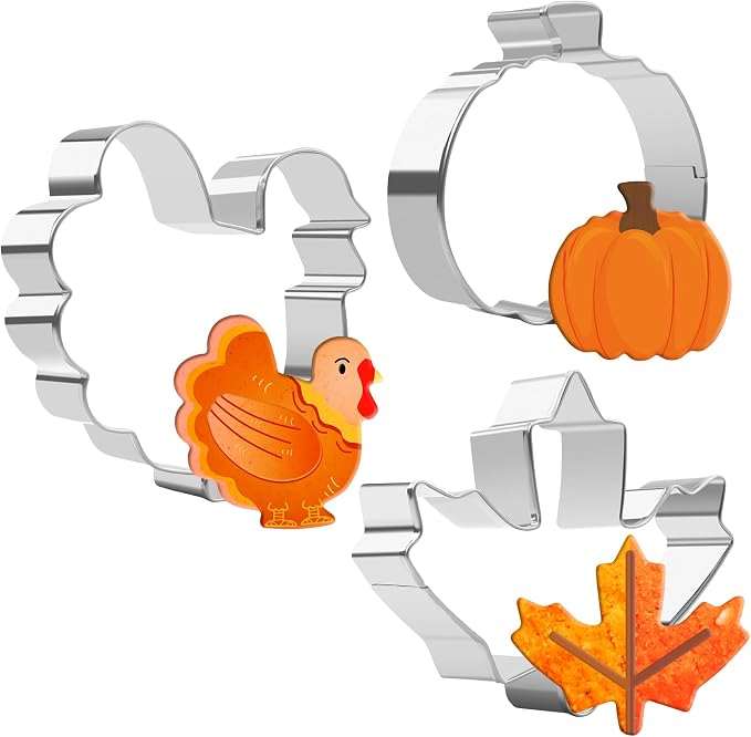 Thanksgiving Cookie Cutters - 3PCS Large 3.2" to 3.6" Autumn Maple Leaf, Turkey, Pumpkin Shapes