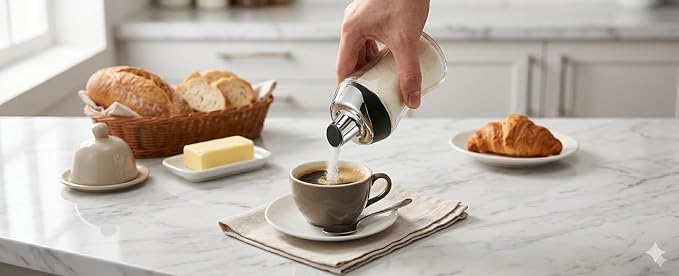 J&M DESIGN Glass Sugar Dispenser with Pour Spout for Coffee Bar, Tea and Kitchen Baking, Auto-Pouring Airtight Lid - 7.5 Oz Container