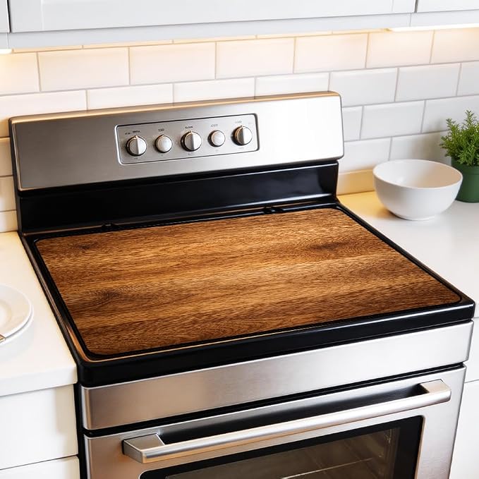 Rustic Wood Grain Stove Top Cover for Electric Gas Glass Top Stove | Rustic wood grain kitchen decor; non-slip stovetop cover, faux wood noodle board, glass cooktop mat for farmhouse kitchen