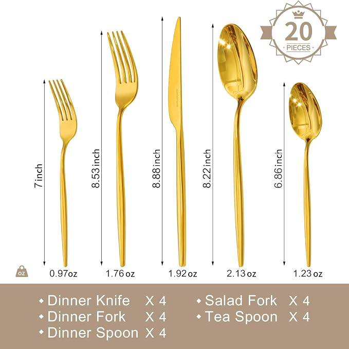 18/10 Silverware Set for 4, 20 Piece Gold Stainless Steel Flatware Cutlery | KINGSTONE Mirror Polished Forks Knives Spoons Utensils, Tableware for Home Kitchen Restaurant Wedding, Dishwasher Safe