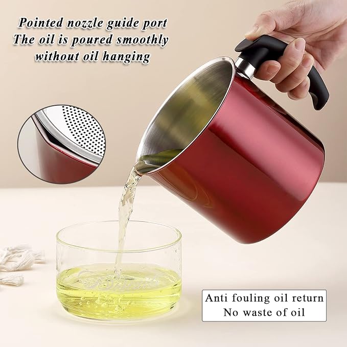Kyraton Bacon Grease Container With Strainer, 48 oz Metal Shining Red Stainless Steel Oil Container, Pot Fat Storage With Lid, Easy Grip Handle Suitable For Storing Frying Oil And Cooking Grease