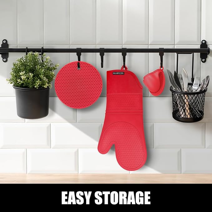 RORECAY Silicone Oven Mitts and Pot Holders Sets, Gloves for Kitchen, Red | Set of 6 Kitchen Mitts for Baking & Cooking, Heat Resistant 500 ℉, 15" Extra Long, Non-Slip & Waterproof, Quilted Cotton