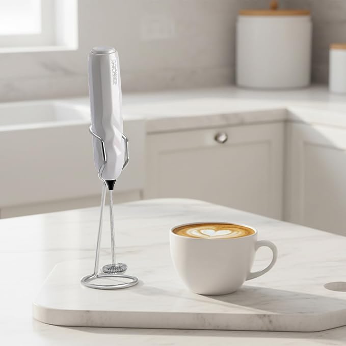 RAYONNER Kitchen Milk Frother Handheld Coffee Frother Foam Maker White | Fast Powerful Drink Mixer, Stainless Steel Whisk, For Coffee, Latte, Matcha