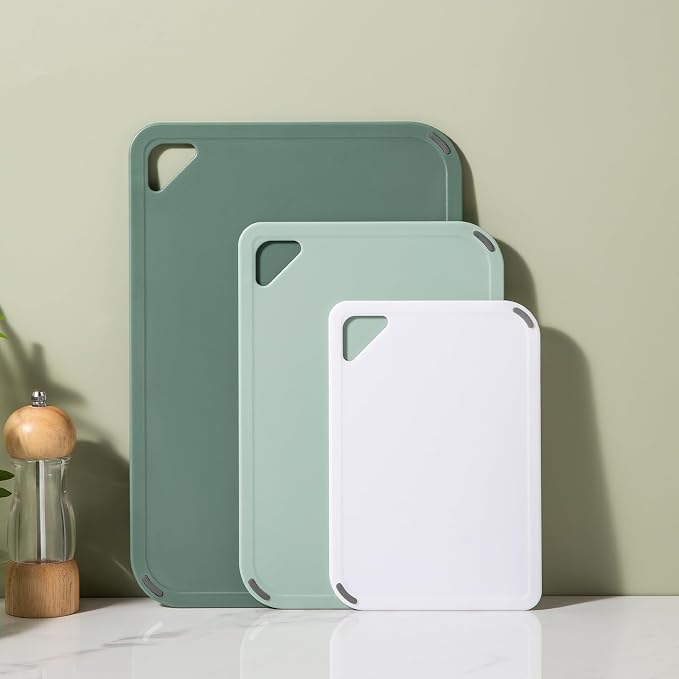 Plastic Cutting Board Set of 3-Cutting Boards for Kitchen BPA Free | Large-Small Chopping Boards, Non-Slip for Cooking, Dishwasher Safe, Camping, Portable, with Grip Handle, Sage Green