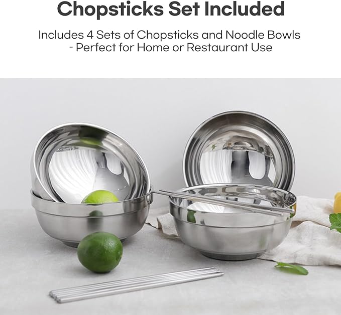 4 Pack 40 Oz Stainless Steel bowl set with chopsticks, Metal Double=walled Insulated noodle bowl, cereal, Ice Cream, Soup, Korean Ramen, 7 Inch