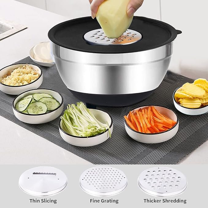 Rottay 20PCS Stainless Steel Mixing Bowls with Airtight Lids Set | Includes 3 Grater Attachments and Non-Slip Bottoms with Size 7, 4, 3, 2, 1.5, 1QT Nesting Bowls for Baking, Meal Prep