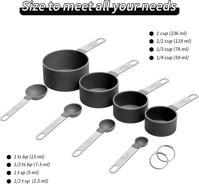 Measuring Cups Set Measuring Spoons Set, Nesting Measure Cups with Stainless Steel Handle, For Measuring Dry and Liquid Ingredients Small Teaspoon with Plastic Head (Black)