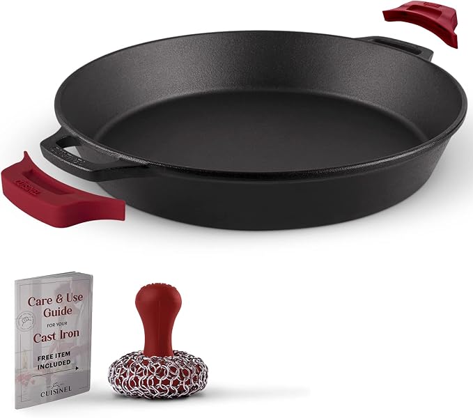 Cuisinel Cast Iron Skillet + Chainmail Scrubber - 15"-Inch Pre-Seasoned Dual Handle Braiser Frying Pan + Silicone Handle Covers - Oven, Grill, Stovetop, Fire, Kitchen Cookware - Indoor/Outdoor Use