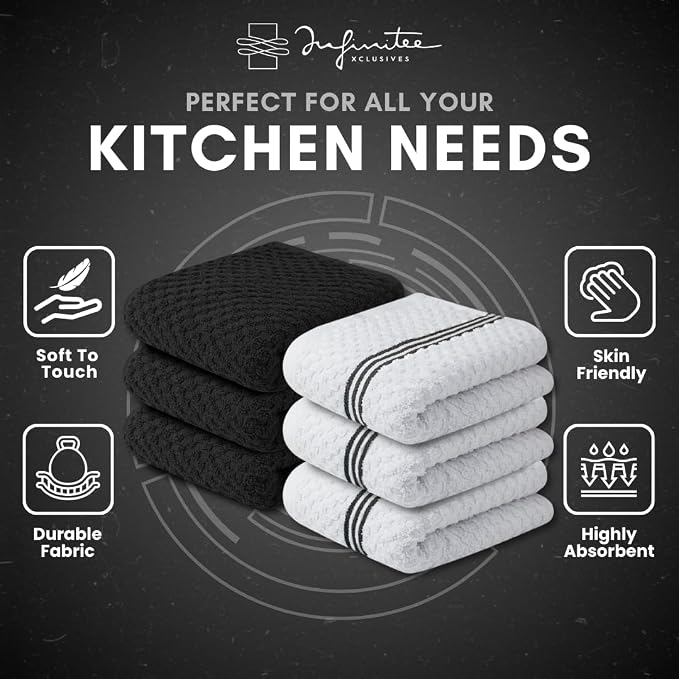 Infinitee Xclusives Kitchen Towels - 6 Pack - Cotton Dish Towel |15" x 25"| | 100% Cotton, Highly Absorbent Tea Towels - Lint Free, Soft, Durable & Quick Dry, Ideal for Drying Dishes & Kitchen Cleaning