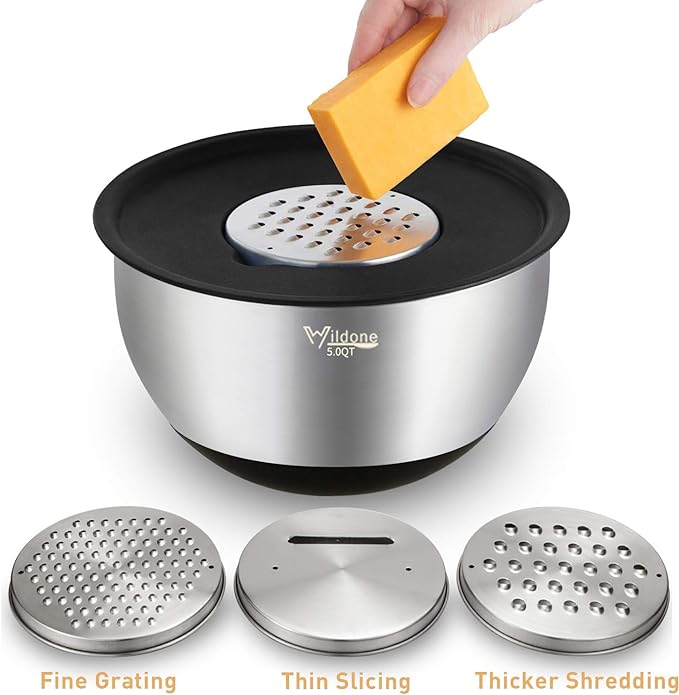 Wildone Mixing Bowls with Airtight Lids Set, 5PCS Stainless Steel Nesting Bowls for Kitchen, with Grater Attachments & Non-Slip Bottoms, Size 5, 3, 2, 1.5, 0.63 QT, Great for Mixing & Serving