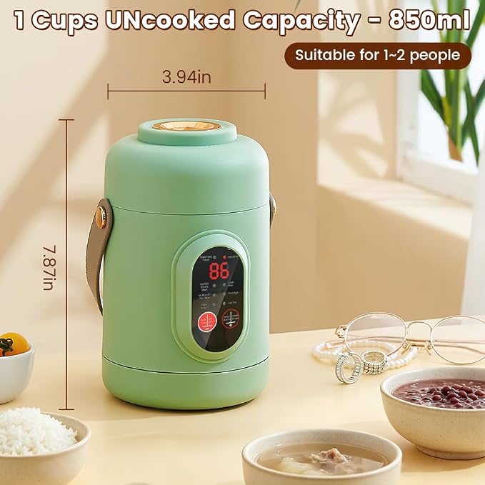 Rice Cooker Small, 500W Rice Maker, 12 Hours Timer Delay & Keep Warm Function, Mini Electric Pot, 800ML Mini Rice Cooker for Travel, Camping, Office (US Plug 110V), Green