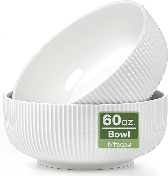 Mfacoy 2 Pack Salad Bowl, 8 inch 60 oz Large Serving Bowl Set, Deep Bowl for Kitchen, White Ceramic Bowl Set for Soup, Cereal, Ramen, Pasta, Salad, Dishwasher & Microwave Safe, Easy Clean