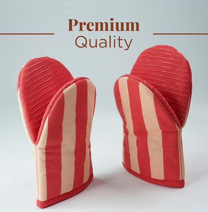 Folkulture Oven Mitts, Red Striped, Set of 2, Heat Resistant - (5.75"x9") | 100% Cotton, Non Slip, Silicone, Cute Striped Mini Mits with Hanging Loop, Kitchen Décor, Cooking Gifts, New Home Essentials