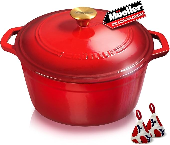 MUELLER HOME 7.5 QT Enameled Cast Iron Dutch Oven, Heavy-Duty Casserole Dish and Braiser Pan with Lid and Stainless Knob, Oven-Safe up to 500° F & Across All Cooktops, Red | Heavy-Duty Casserole Dish and Braiser Pan, Lid with Stainless Knob, Oven-Safe ...